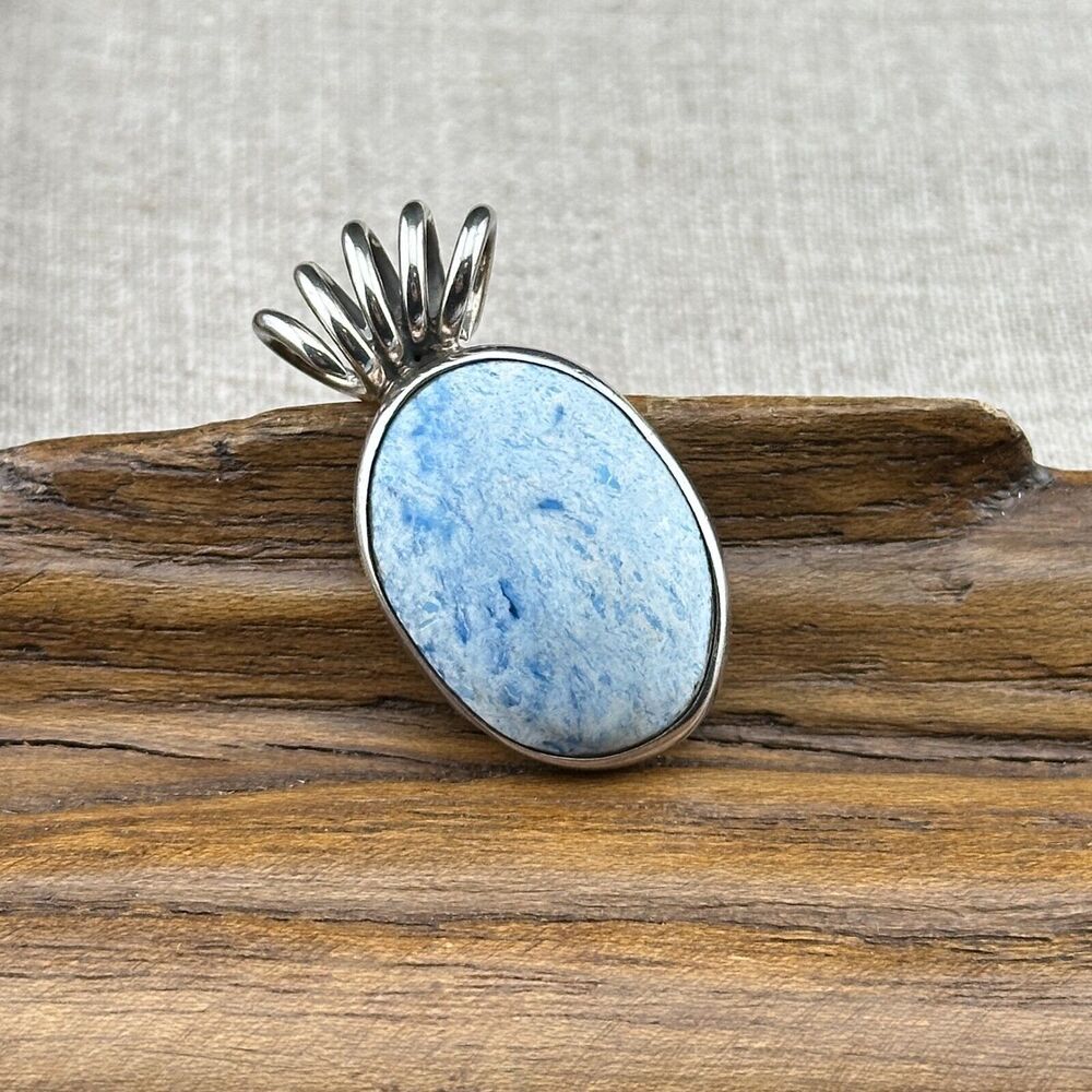 Vintage Mexico Unique Natural Light Blue Stone 925 Silver Oval Pendant 9.6 g - Picture 2 of 11